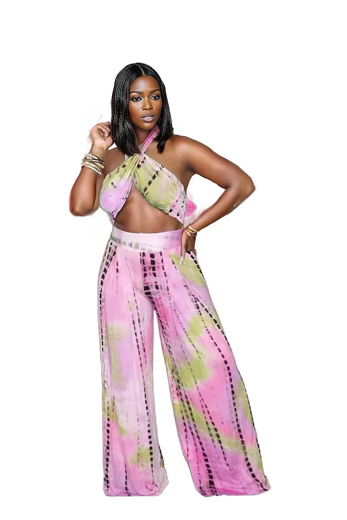 Sleeveless Halter Crop Top Wide Leg Pants Outfit Set XD21