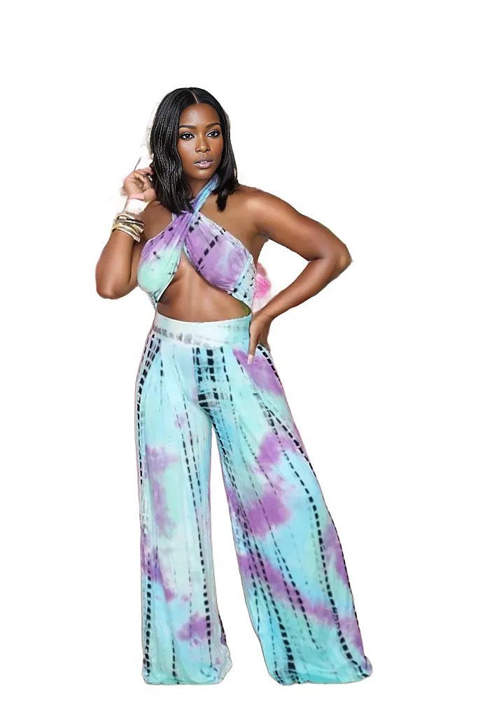 Sleeveless Halter Crop Top Wide Leg Pants Outfit Set