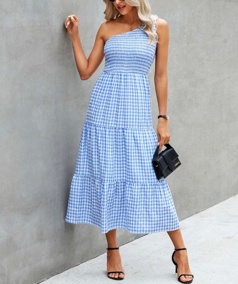 Small plaid one shoulder maxi dress XD21