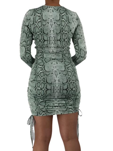 Snake Pattern Ruched Long Sleeve Dress