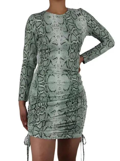 Snake Pattern Ruched Long Sleeve Dress XD21