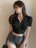 Solid Color V-Neck Shirt With Pleated Front XD21