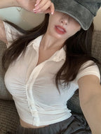 Solid Color V-Neck Shirt With Pleated Front XD21