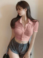 Solid Color V-Neck Shirt With Pleated Front XD21