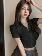 Solid Color V-Neck Shirt With Pleated Front XD21
