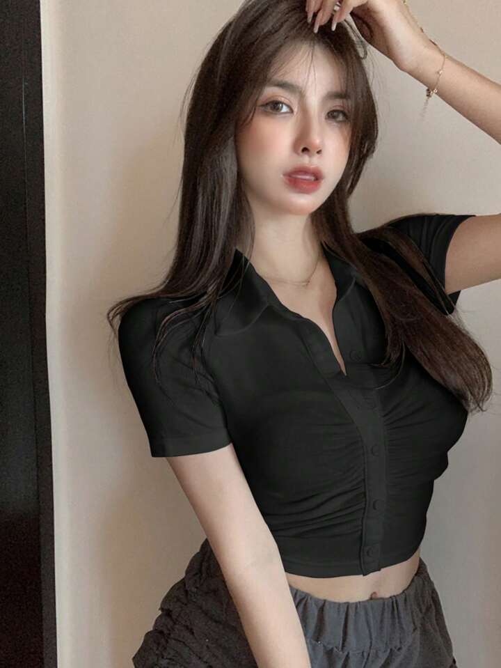 Solid Color V-Neck Shirt With Pleated Front XD21