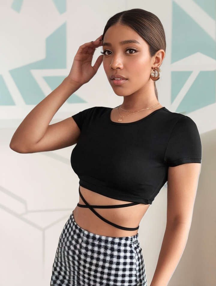 Solid Crisscross Tie Back Crop Tee XD21