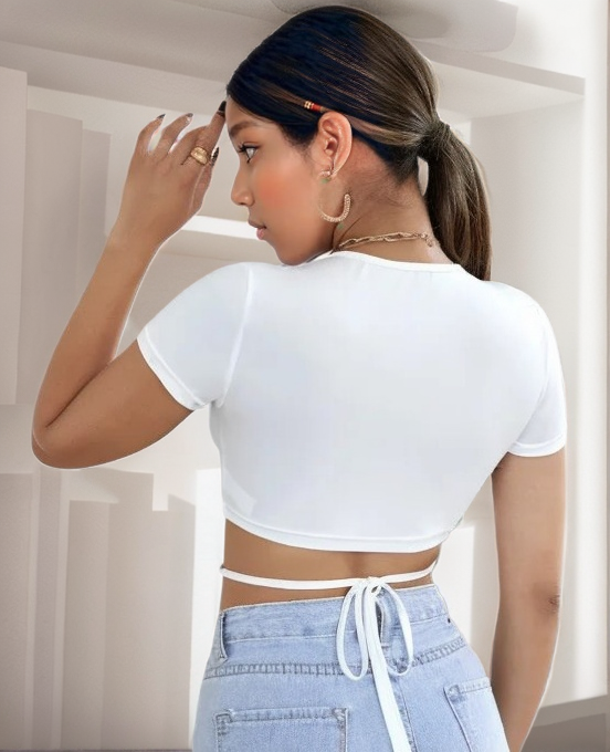 Solid Crisscross Tie Back Crop Tee XD21