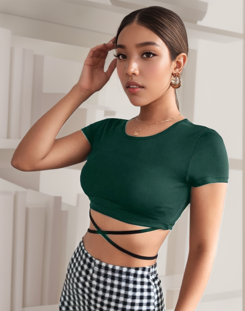 Solid Crisscross Tie Back Crop Tee XD21