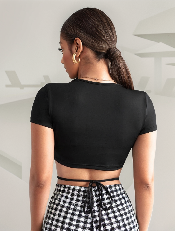 Solid Crisscross Tie Back Crop Tee XD21