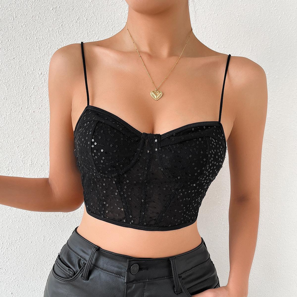 Solid Crop Top Women Night Club Style Shiny Sequins Camis Sexy Short Tank Top - XD21