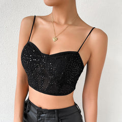 Solid Crop Top Women Night Club Style Shiny Sequins Camis Sexy Short Tank Top - XD21