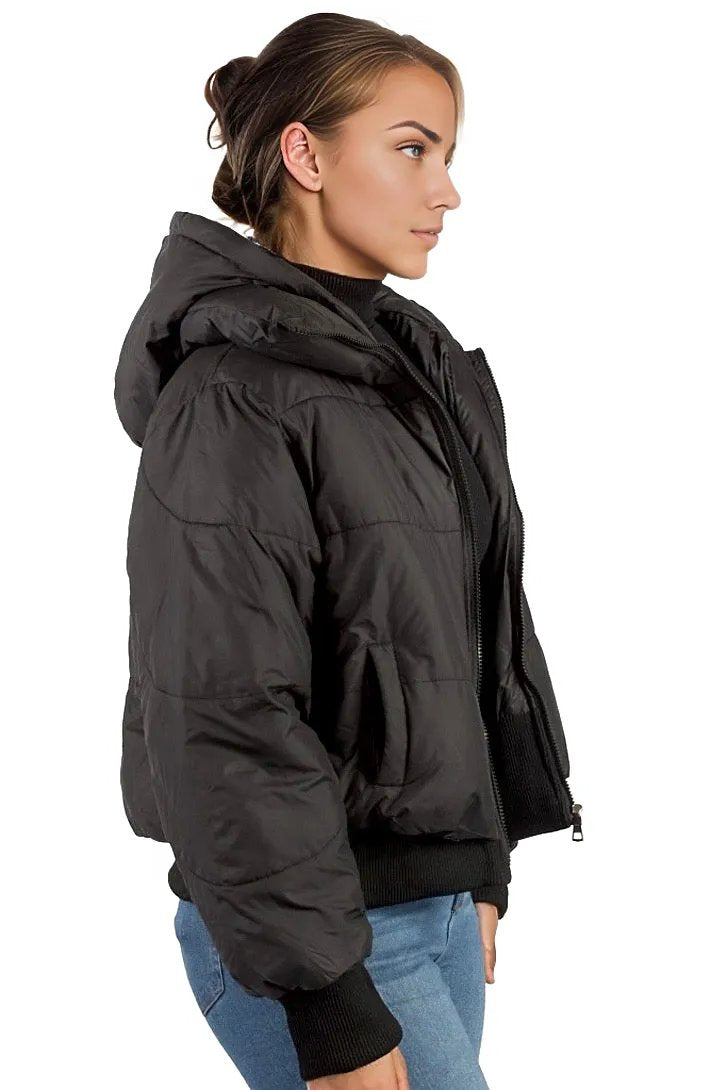 Solid Cropped Padded Jacket With Hood XD21