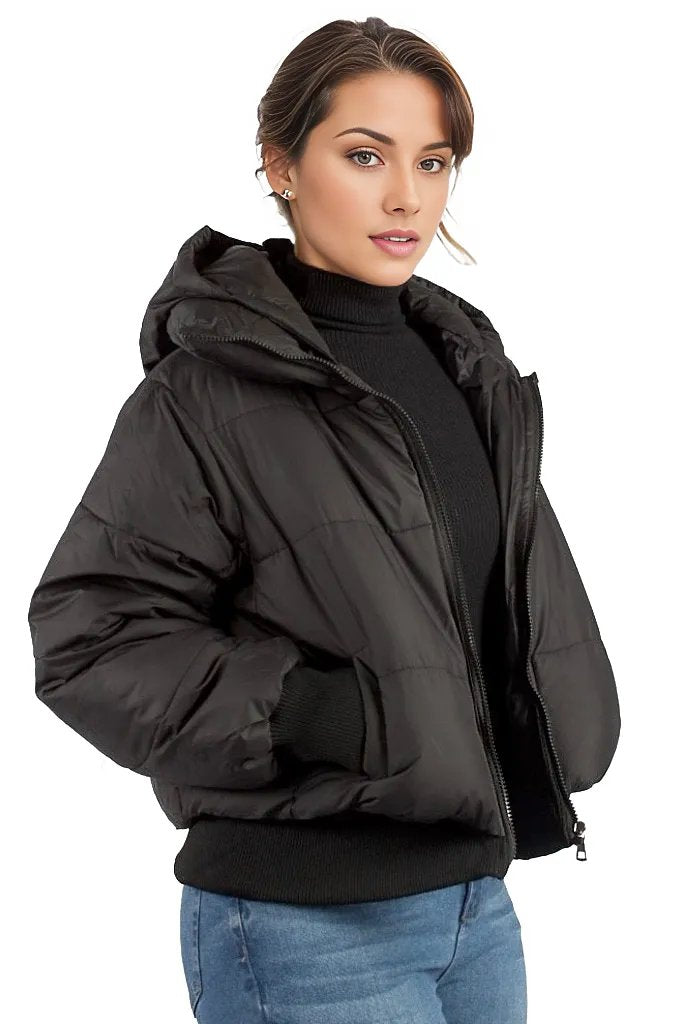 Solid Cropped Padded Jacket With Hood XD21