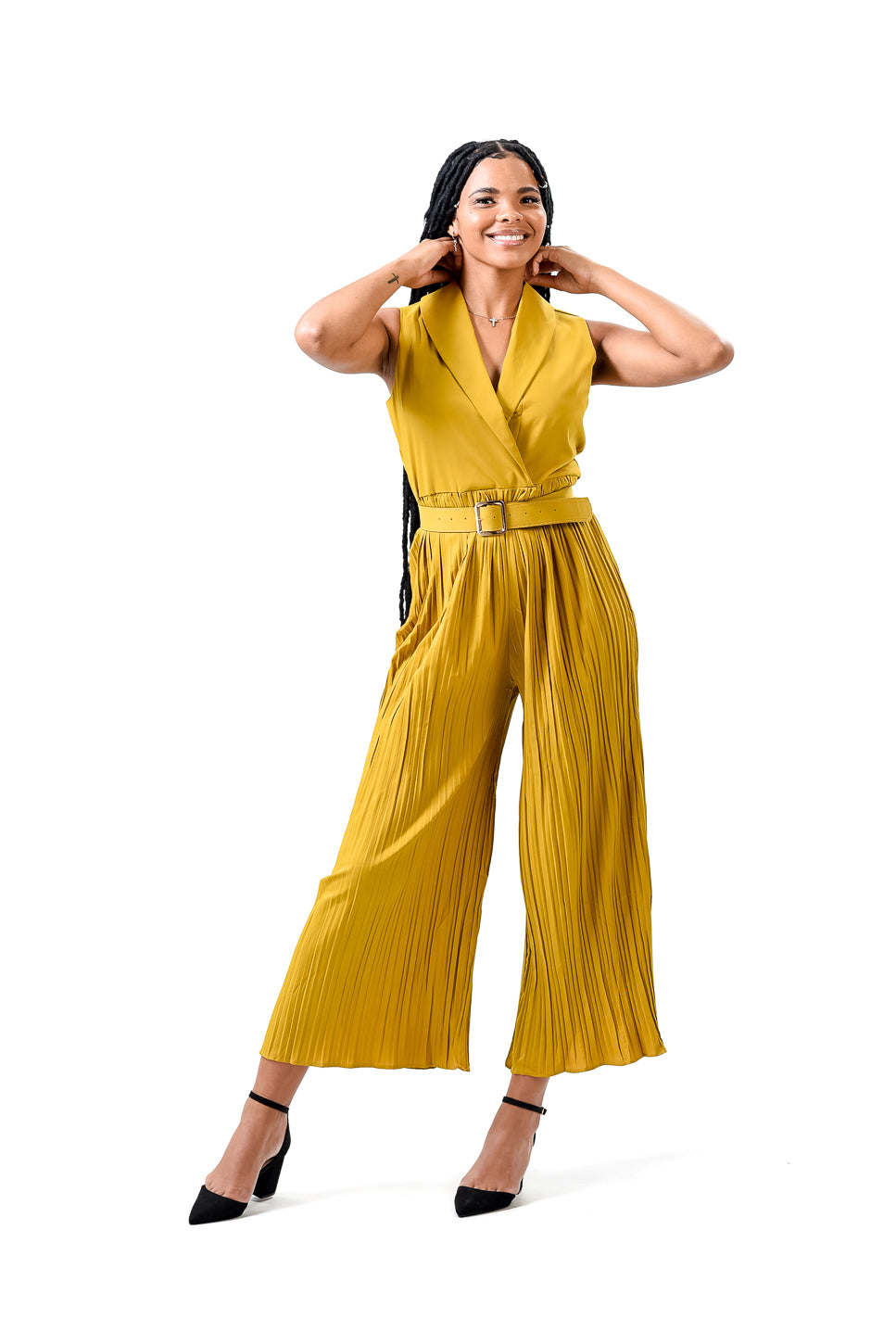 Solid Halter Neck Wide Leg Plisse Jumpsuit XD21
