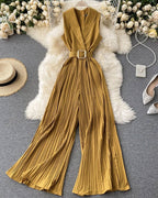 Solid Halter Neck Wide Leg Plisse Jumpsuit XD21