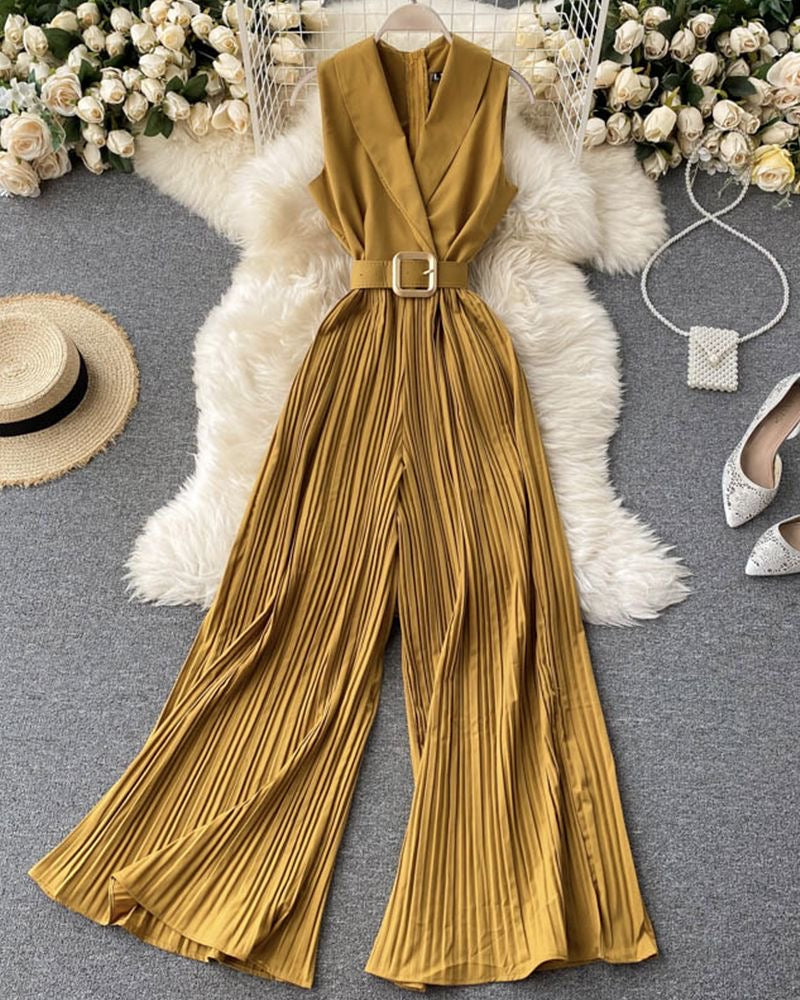 Solid Halter Neck Wide Leg Plisse Jumpsuit XD21