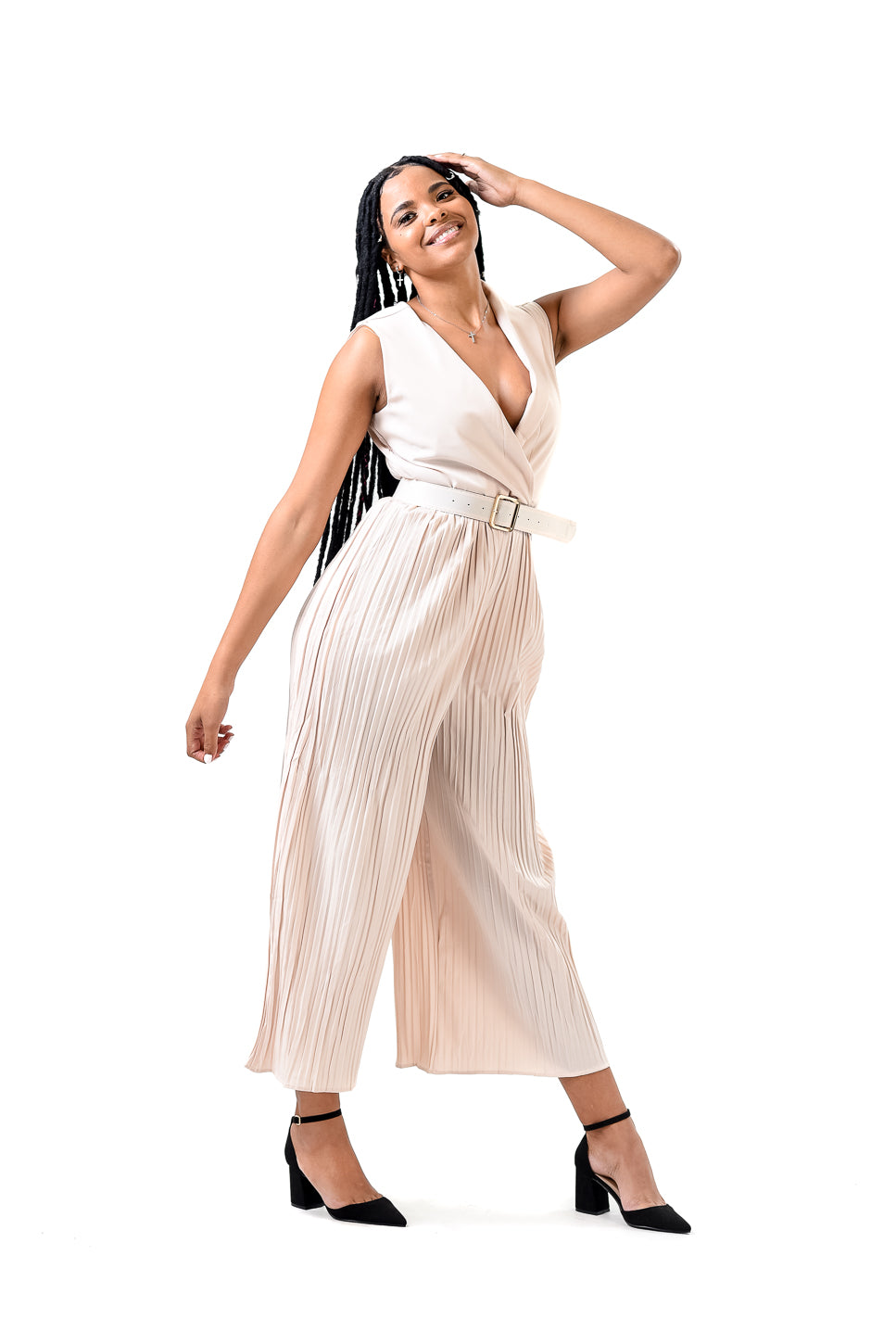 Solid Halter Neck Wide Leg Plisse Jumpsuit XD21