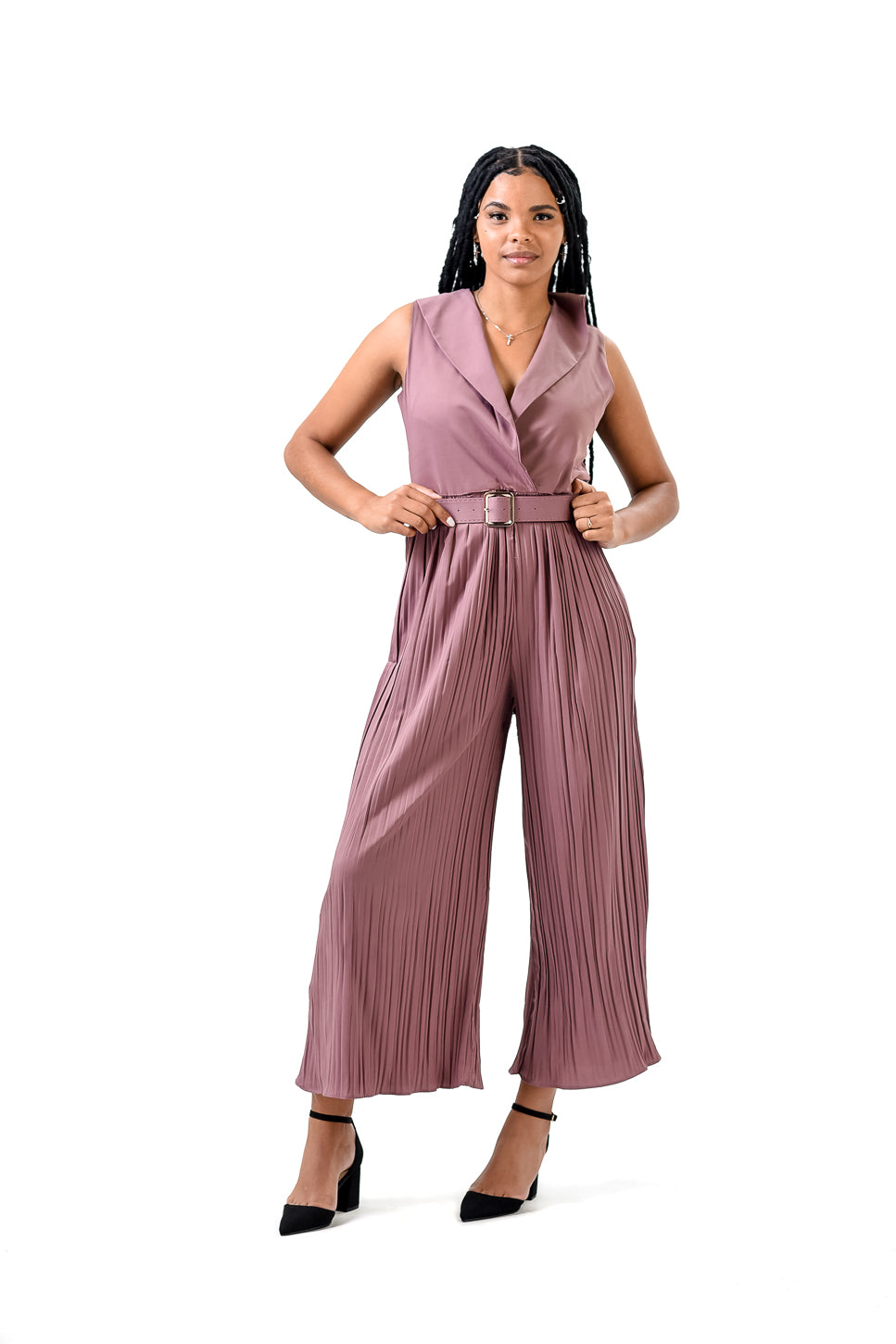 Solid Halter Neck Wide Leg Plisse Jumpsuit XD21