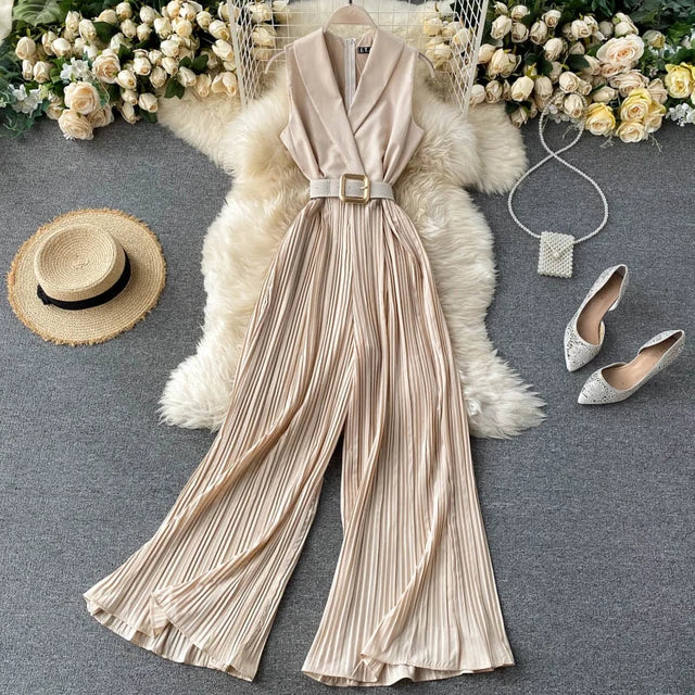 Solid Halter Neck Wide Leg Plisse Jumpsuit XD21