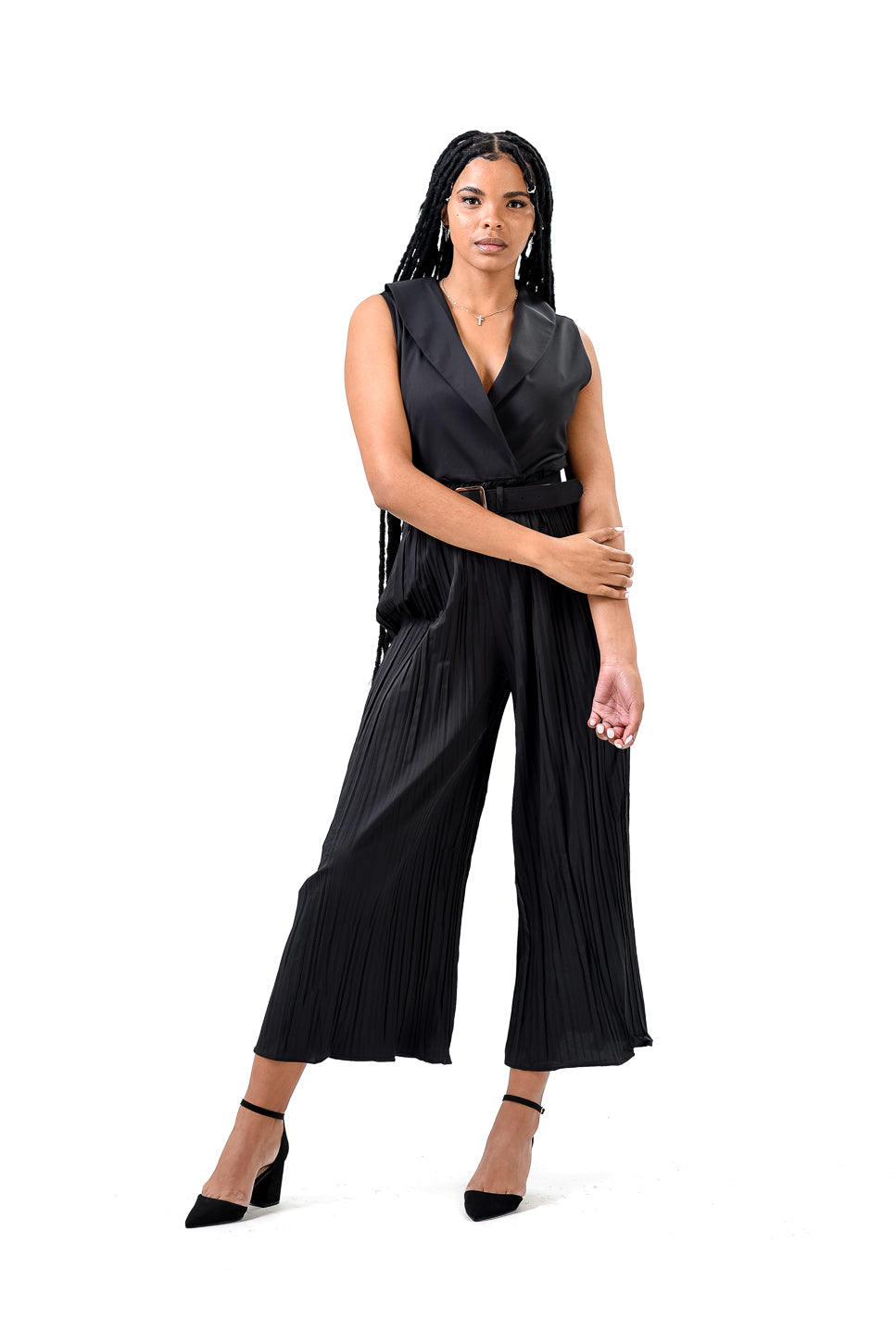 Solid Halter Neck Wide Leg Plisse Jumpsuit XD21