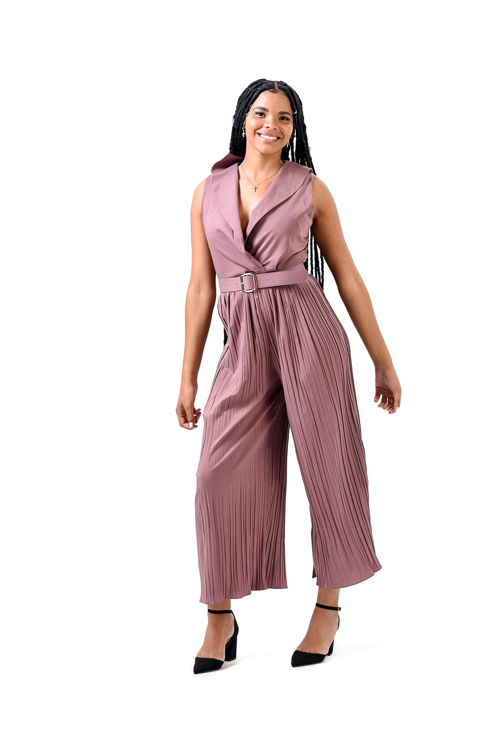 Solid Halter Neck Wide Leg Plisse Jumpsuit XD21