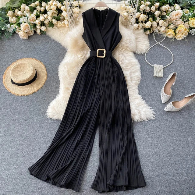 Solid Halter Neck Wide Leg Plisse Jumpsuit XD21