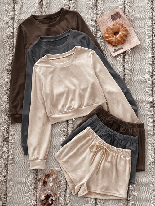 Solid Pullover & Tie Front Shorts Lounge Set XD21