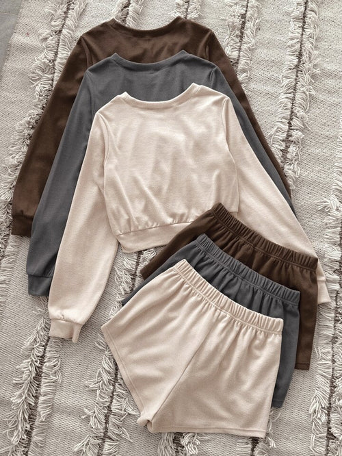 Solid Pullover & Tie Front Shorts Lounge Set XD21