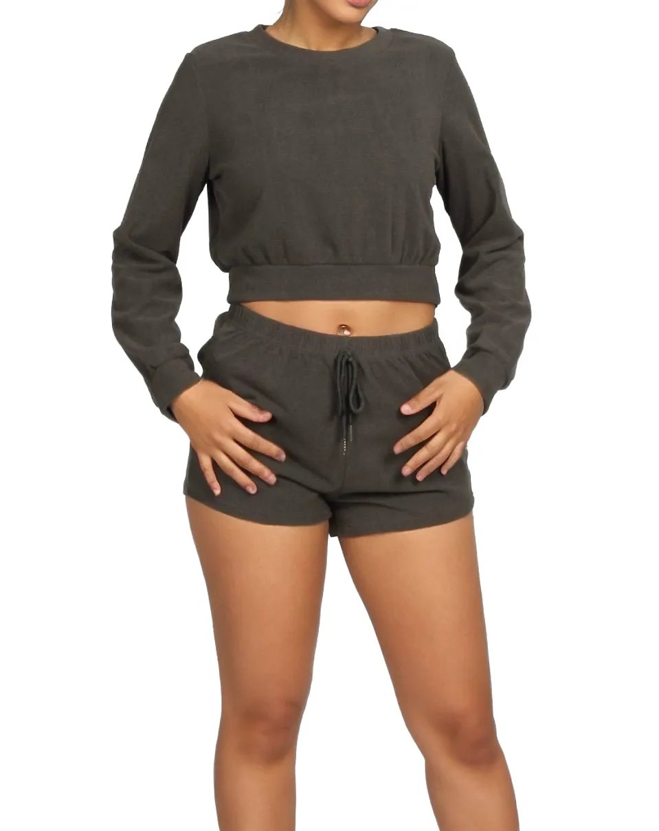 Solid Pullover & Tie Front Shorts Lounge Set XD21