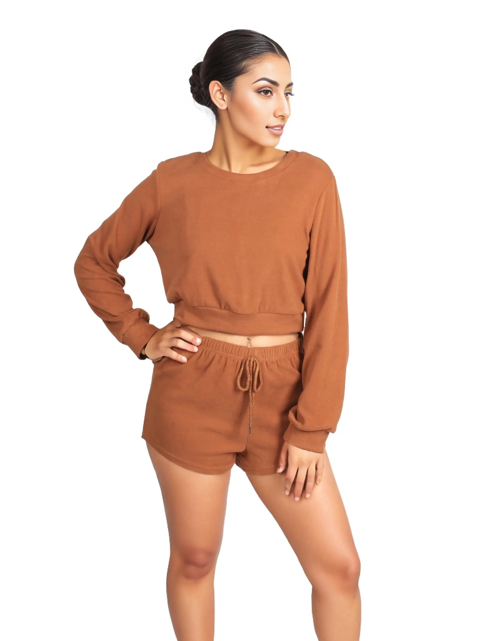 Solid Pullover & Tie Front Shorts Lounge Set XD21