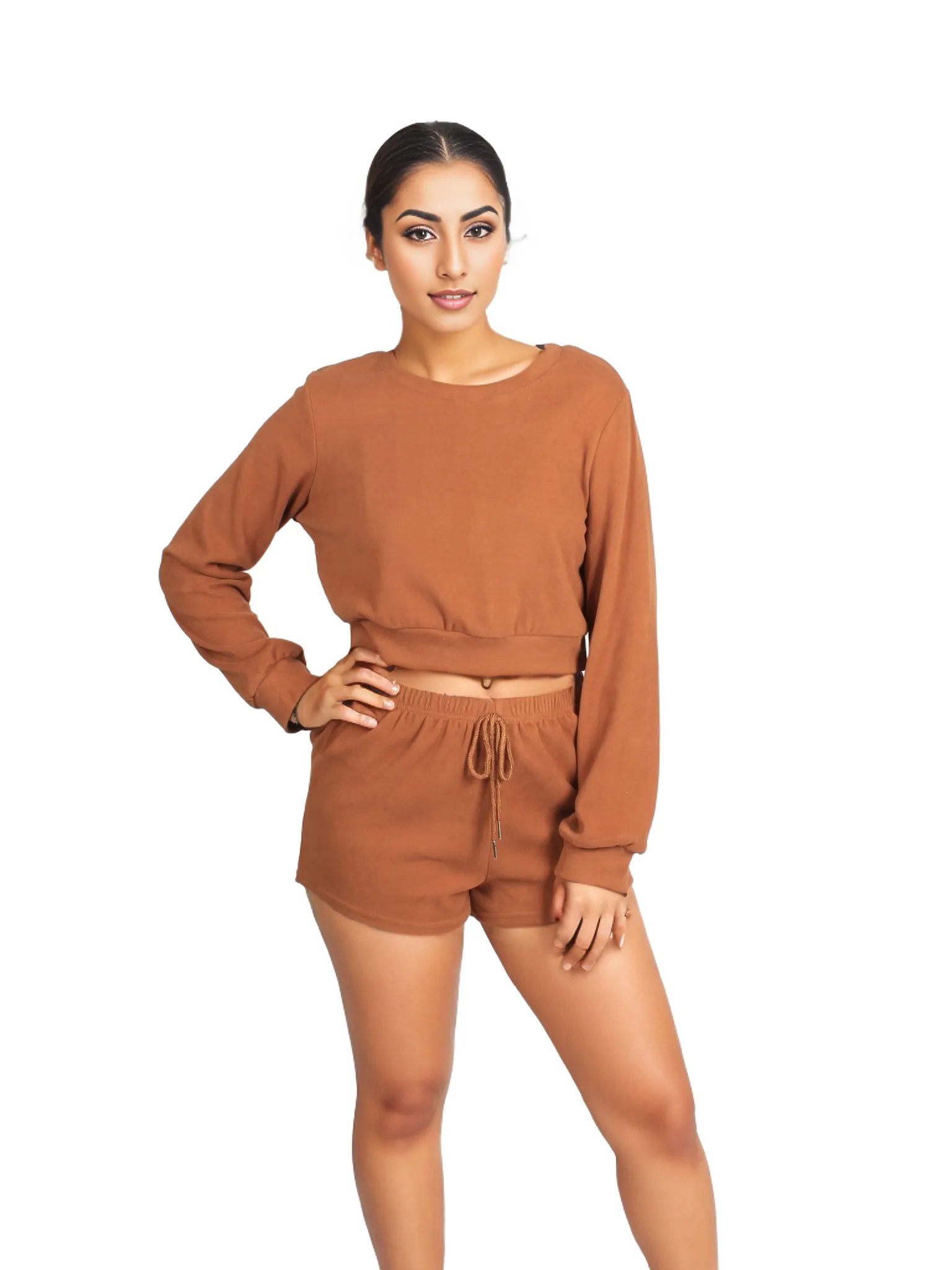 Solid Pullover & Tie Front Shorts Lounge Set XD21