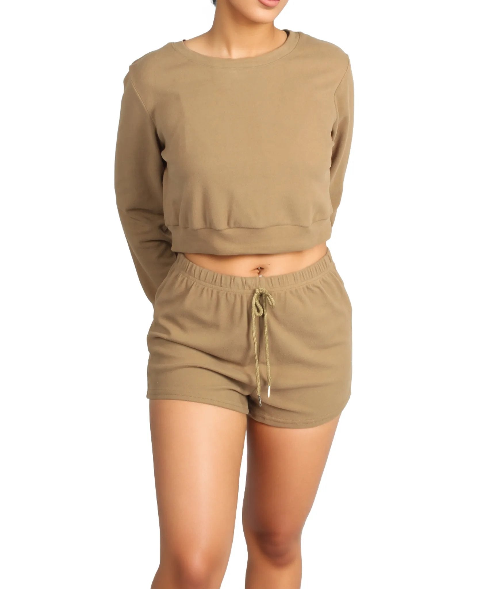 Solid Pullover & Tie Front Shorts Lounge Set XD21