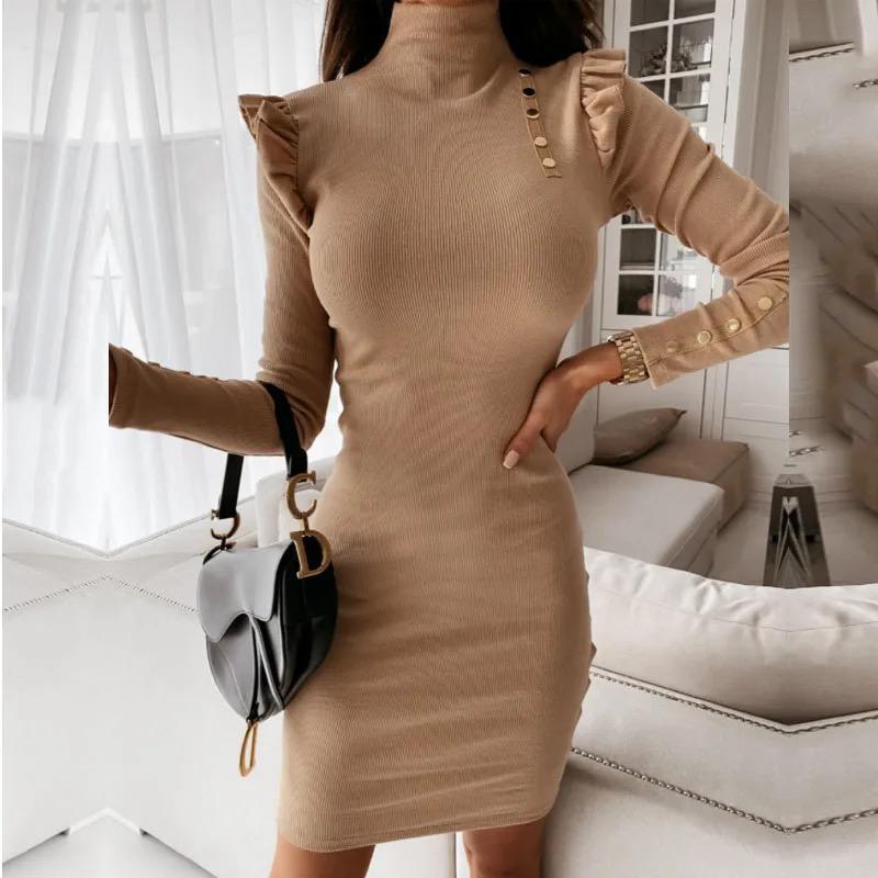 Solid Rib Knitted Ruffles Bodycon Dress - XD21