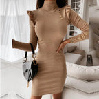 Solid Rib Knitted Ruffles Bodycon Dress - XD21
