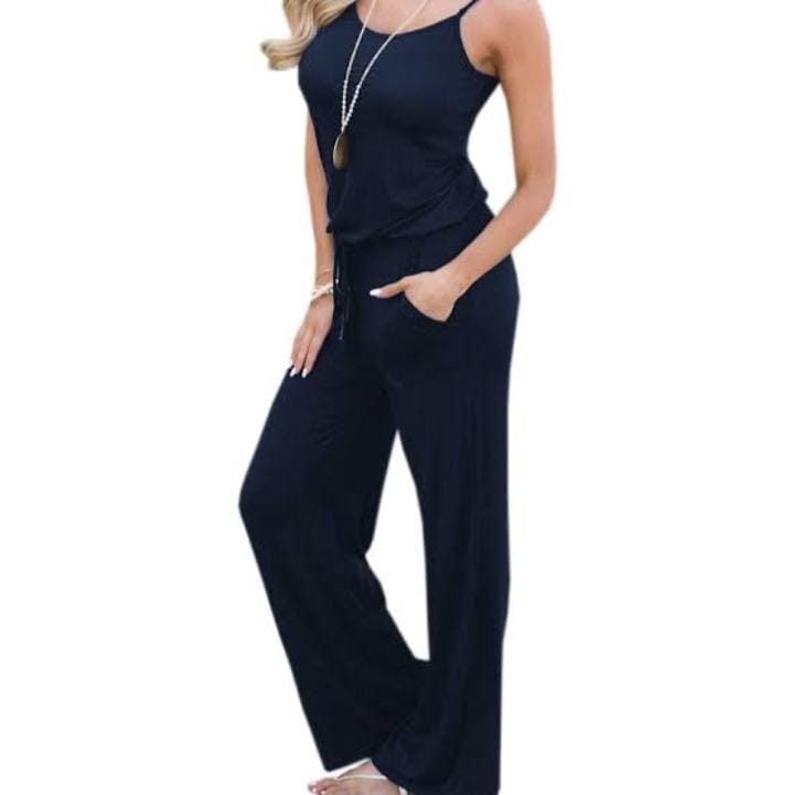 Solid Spaghetti Strap Drawstring Jumpsuit With Pockets XD21