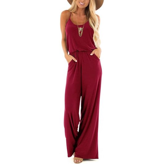 Solid Spaghetti Strap Drawstring Jumpsuit With Pockets XD21