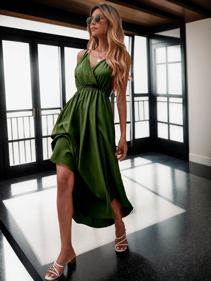 Solid spaghetti strap maxi dress elastic waist XD21