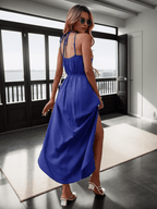 Solid spaghetti strap maxi dress elastic waist XD21