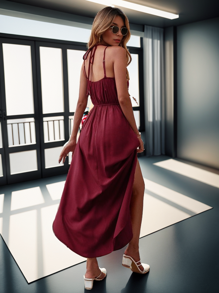 Solid spaghetti strap maxi dress elastic waist XD21