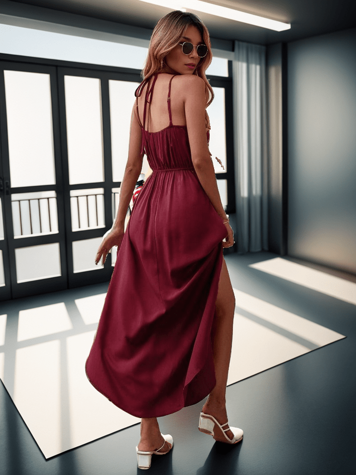 Solid spaghetti strap maxi dress elastic waist XD21