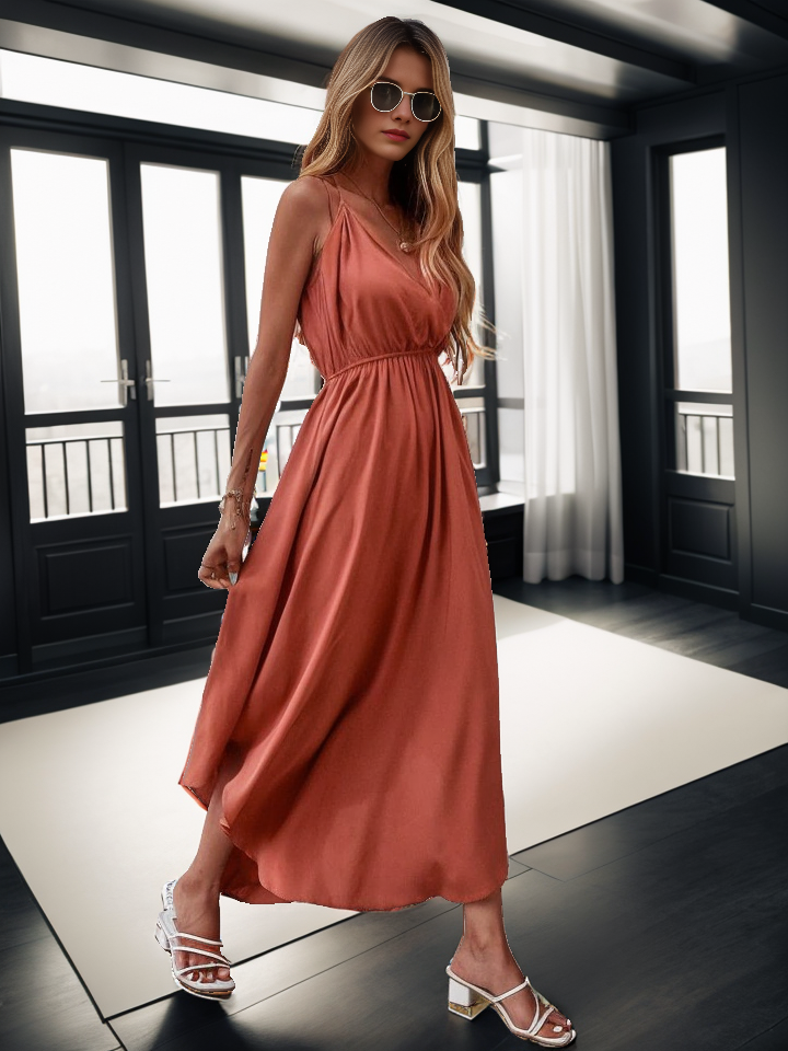 Solid spaghetti strap maxi dress elastic waist XD21