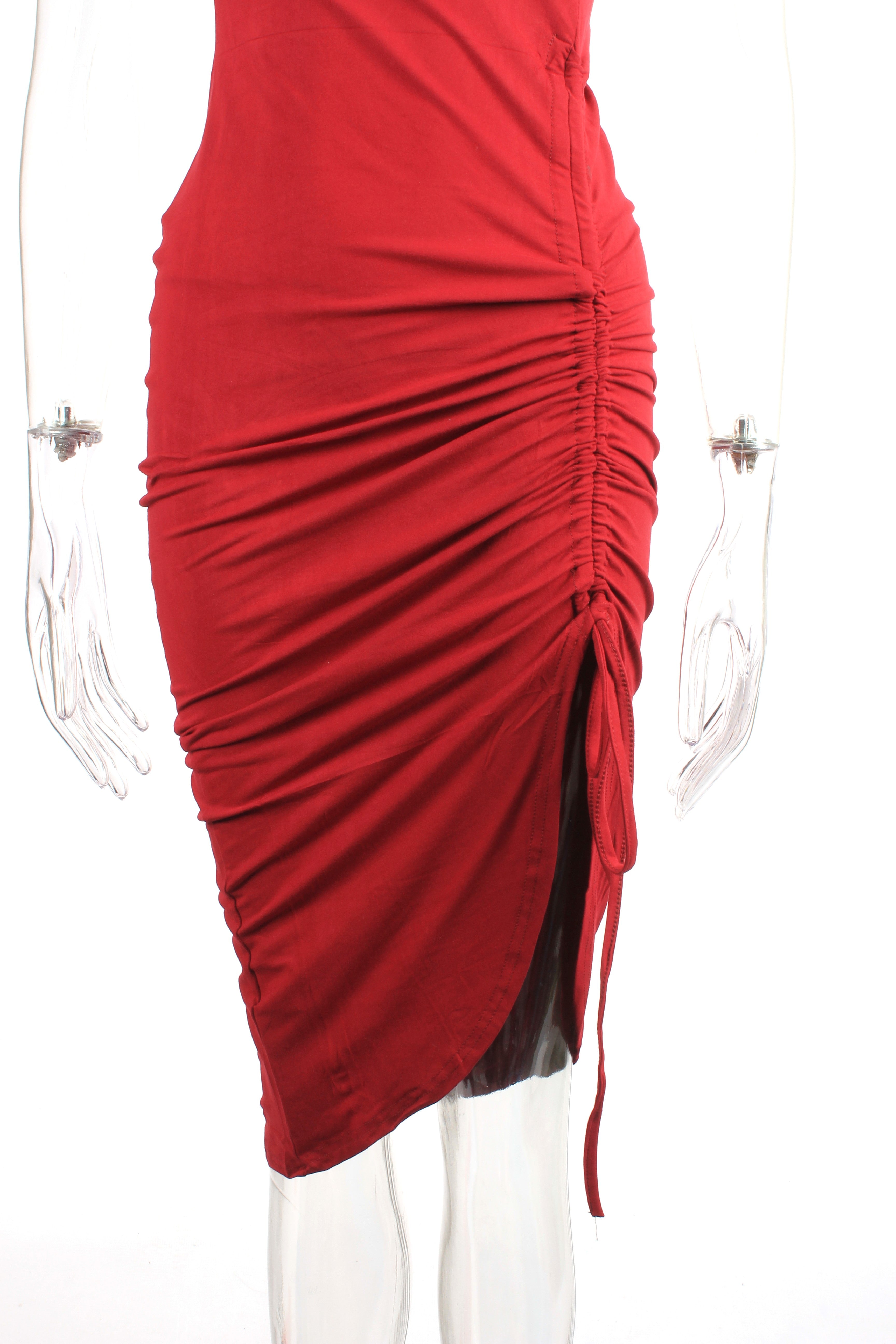 Spaghetti Ruched Drawstring Asymmetrical Dress XD21