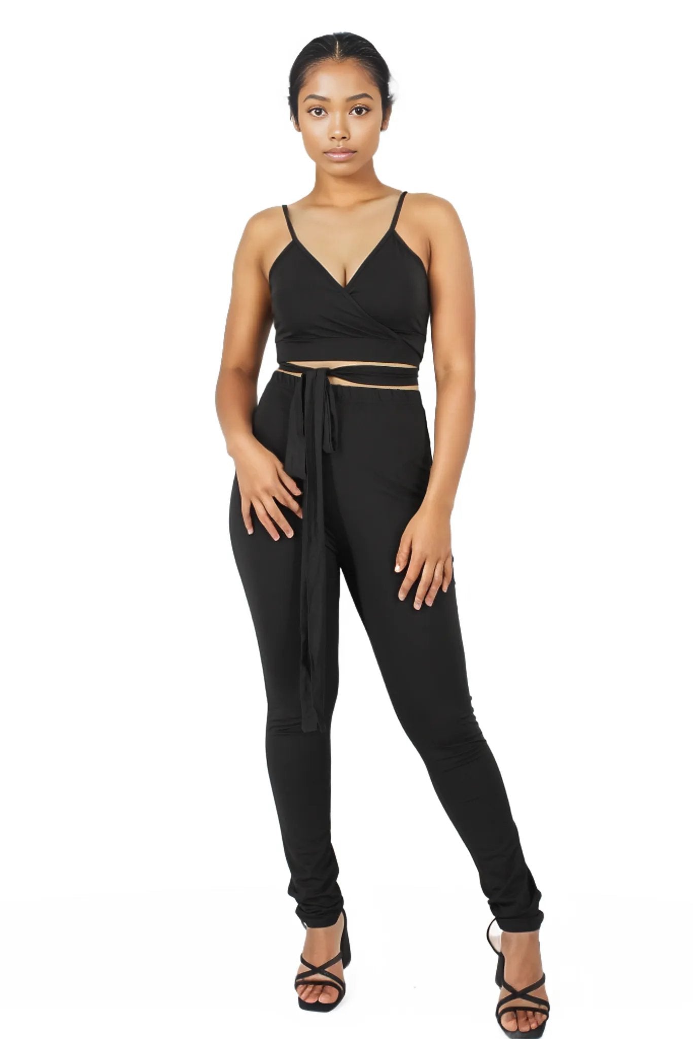 Spaghetti Strap Bandage Wrap Crop Top and Leggings Set XD21