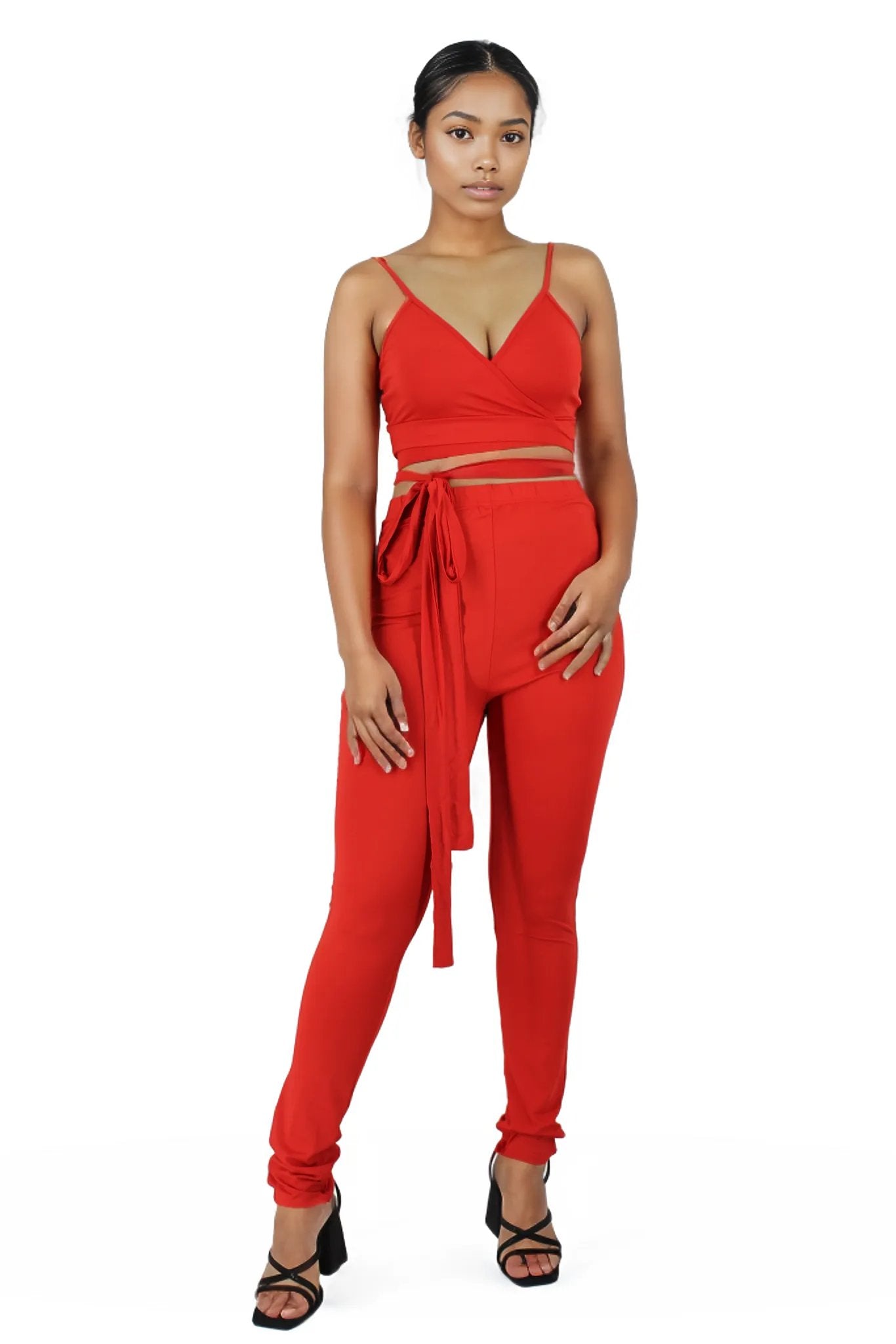 Spaghetti Strap Bandage Wrap Crop Top and Leggings Set XD21