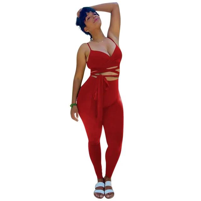 Spaghetti Strap Bandage Wrap Crop Top and Leggings Set XD21