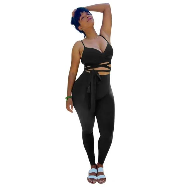 Spaghetti Strap Bandage Wrap Crop Top and Leggings Set XD21