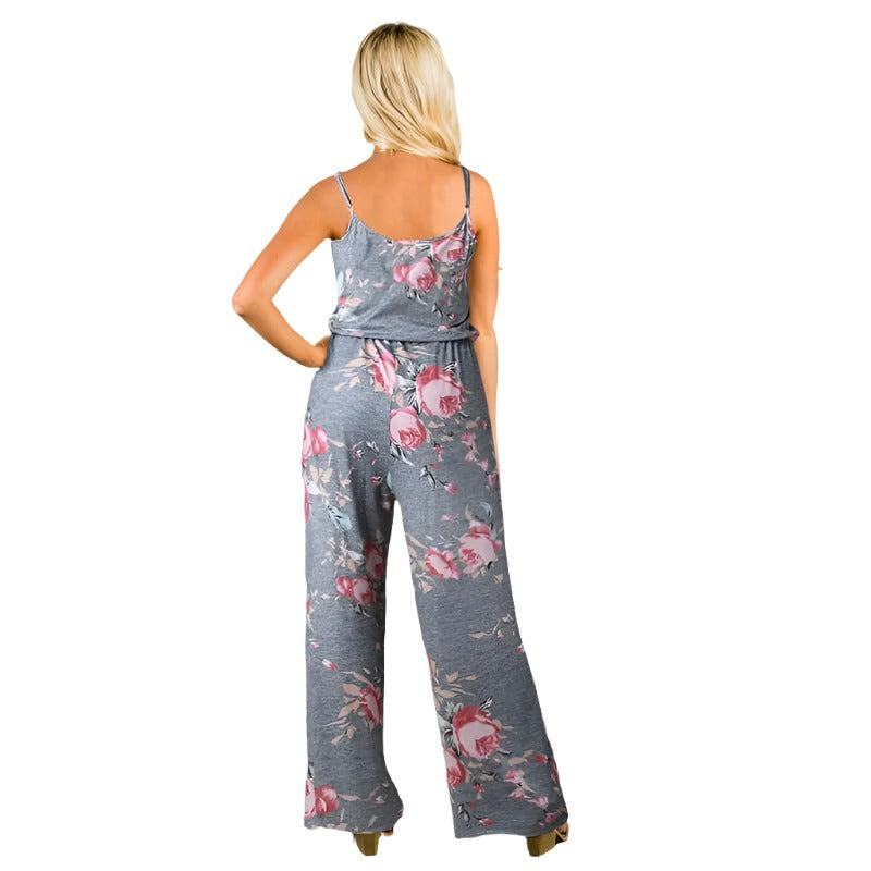 Spaghetti Strap Drawstring Floral Jumpsuit With Pockets XD21