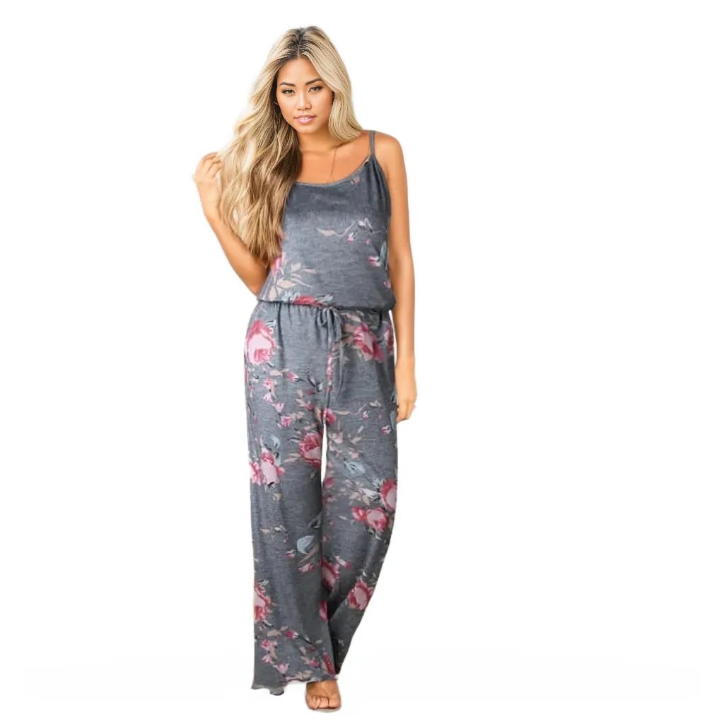 Spaghetti Strap Drawstring Floral Jumpsuit With Pockets XD21