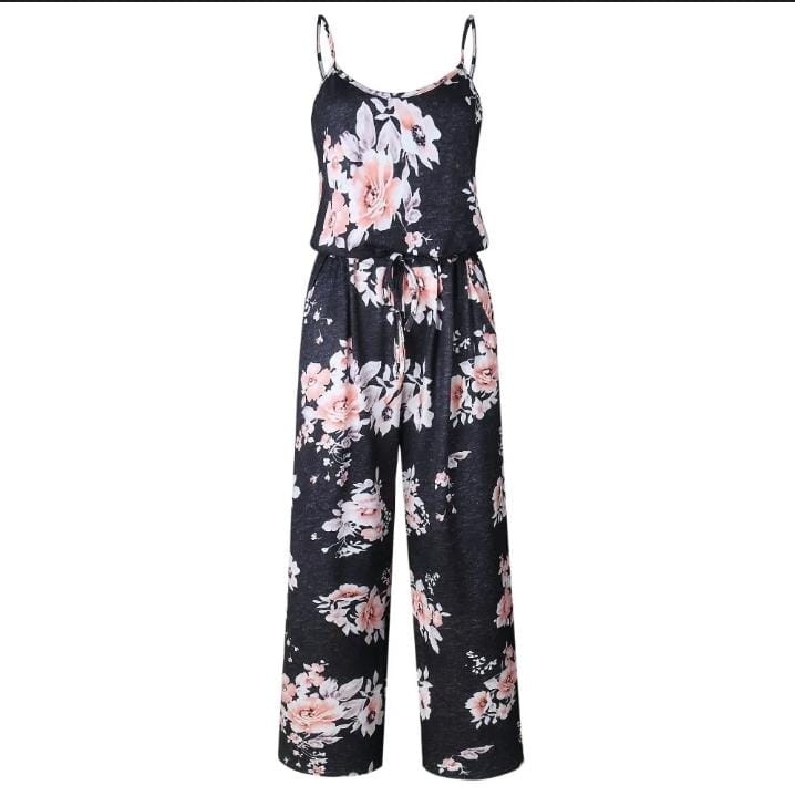Spaghetti Strap Drawstring Floral Jumpsuit With Pockets XD21